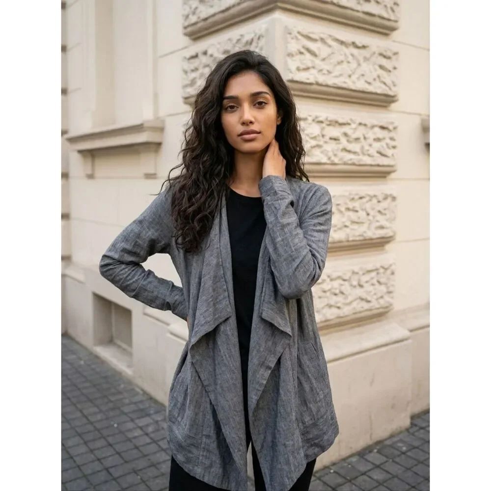 LOFT Waterfall Cardigan Heather Gray Wool Blend Open Front Sweater Medium Drape